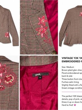 Yank Fuchsia-Accented Brown Plaid Embroidered Blazer